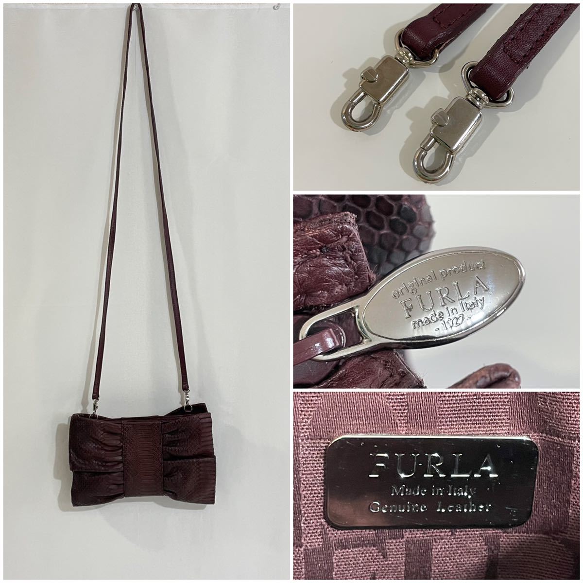 FURLA フルラ 本革 レザー パイソン型押し リボン ポシェット FURLA フルラ 本革 レザー パイソン型押し リボン ポシェット