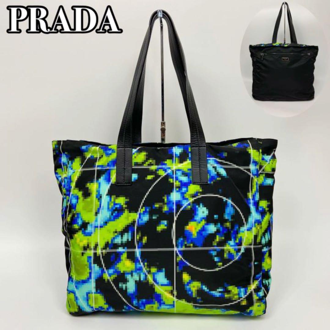 極美品■PRADA プラダ トートバッグ レーダー柄 三角ロゴプレート リバーシブル 総柄 ハンドバッグ ユニセックス テスートナイロン レザー_画像1