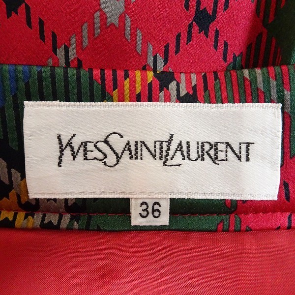 #anc イヴサンローラン Yves Saint Laurent セットアップ 34 赤 シルク チェック 光沢 フレア イタリア製生地 レディース [712412]_画像7
