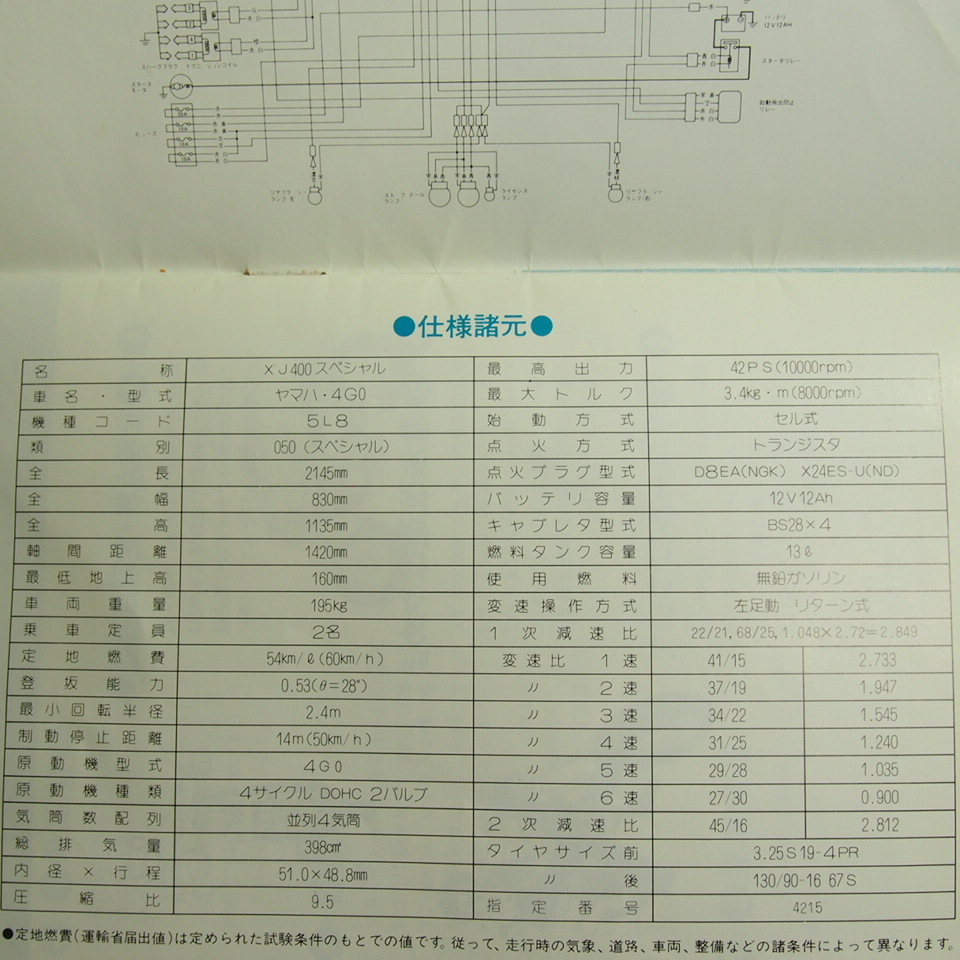 ネコポス送料無料XJ400スペシャル取扱説明書5L8配線図有4G0_画像3