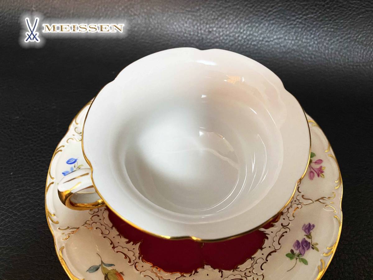 ♪♪Meissen マイセン Bフォーム 宮廷小花 人気の赤　カップ＆ソーサ 美品♪♪