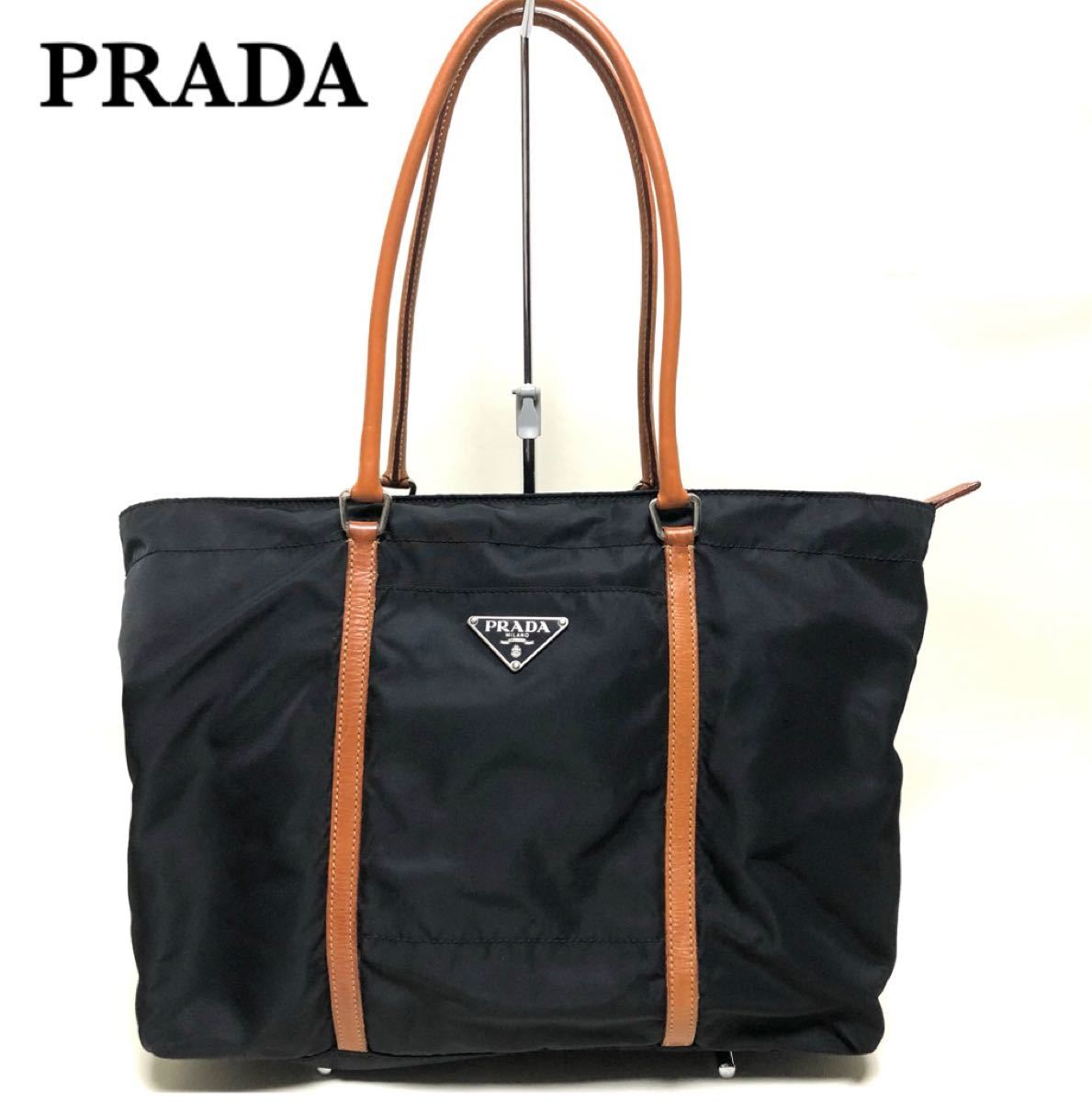 50%OFF PRADA プラダ ナイロン/レザー 三角ロゴ トートバッグ ブラック 春夏新作モデル PRADA ナイロンレザートートバッグ ビックロゴ ブラック ハンドバッグ