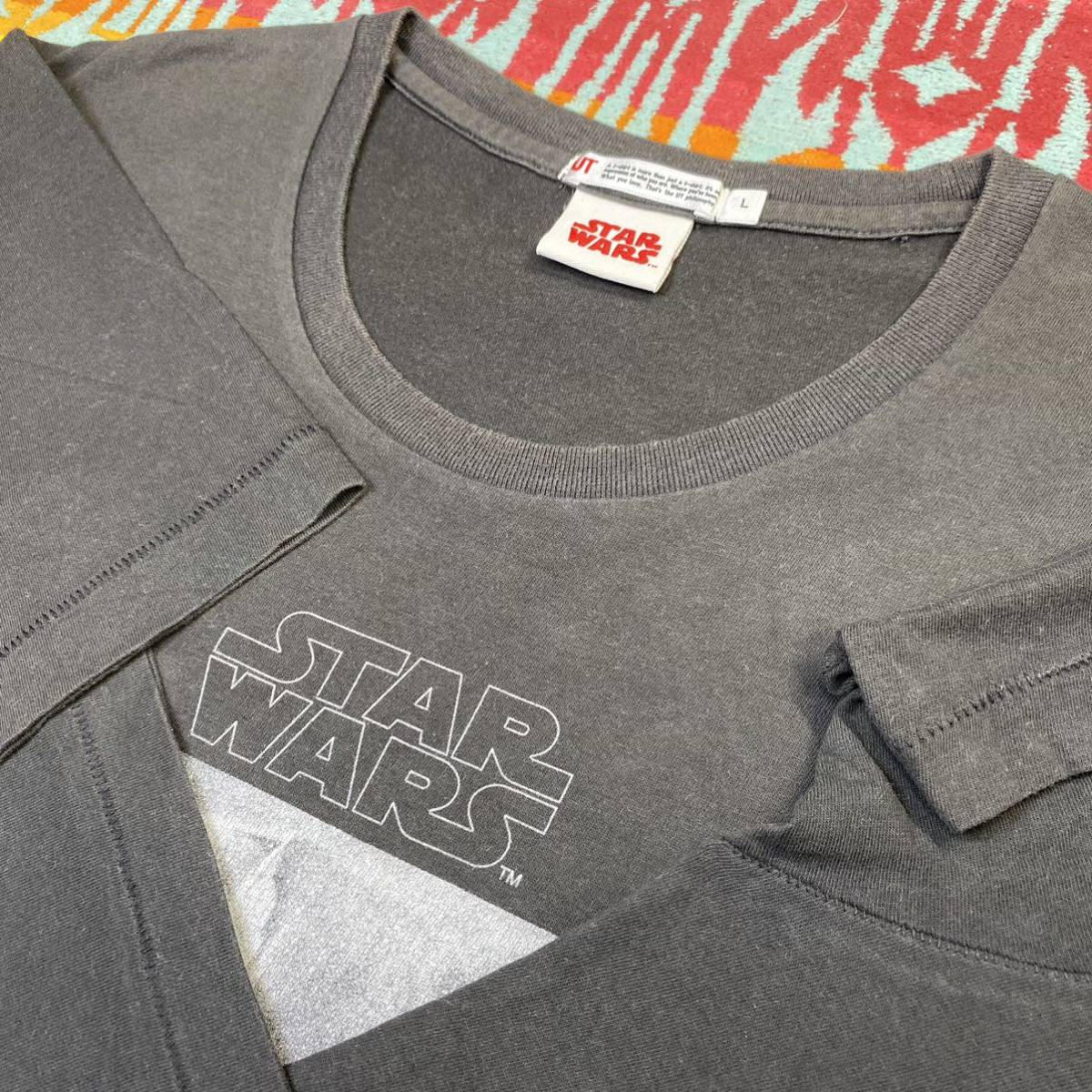 レアUT UNIQLO×STAR WARS'10年製初回コラボ品ユニクロ×スターウォーズ ダースベイダー ヒーローズインザワールド ダースベーダーTシャツL_脇下シミ無綺麗 Vintage仕様袖裾シングルS