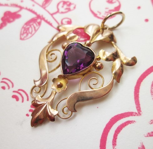  antique *9 gold * amethyst * pendant * necklace * Victoria n* Heart * England 