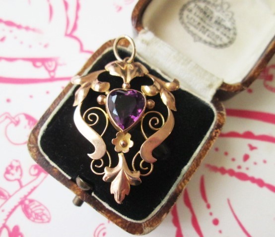  antique *9 gold * amethyst * pendant * necklace * Victoria n* Heart * England 