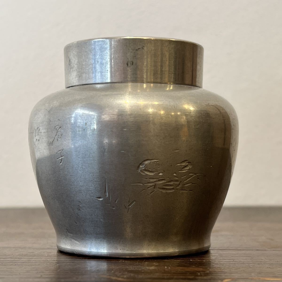 錫製 茶壺 内蓋付 蟹彫 煎茶道具古錫 M-20