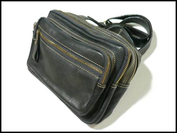  cow leather 4 zipper shoulder bag black / man and woman use / leather bag ALL20%OFF