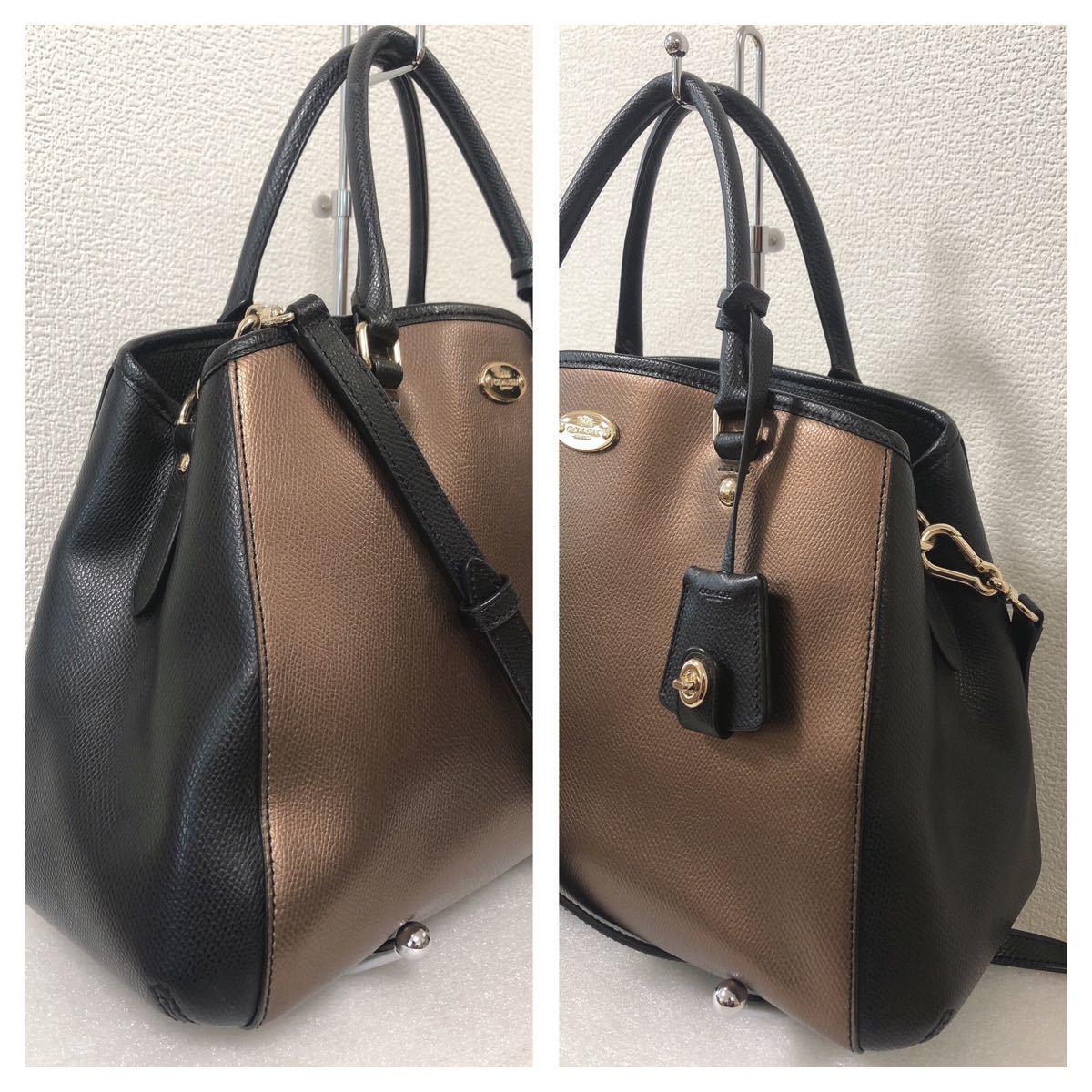 極美品 COACH コーチ ショルダーバッグ ハンドバッグ 2way レザー 黒 ブラック×ブロンズ