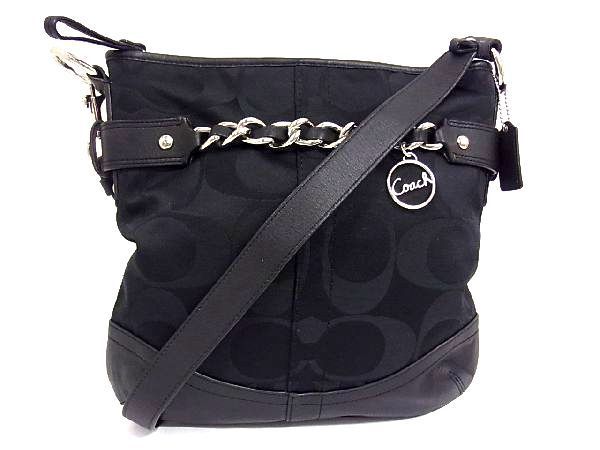 1円 極美品 COACH コーチ F19730 シグネチャー キャンバス×レザー SV金具 ショルダーバッグ 斜め掛け 肩掛け ブラック系 Z8654クN