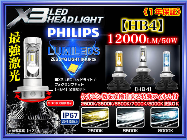 日産車/X3【HB4】最新版LEDヘッドライト/フォグランプ1年保証/12000LM.6500K/50W/2個12V.24V/フイルム付/PHILIPS車検対応_画像1