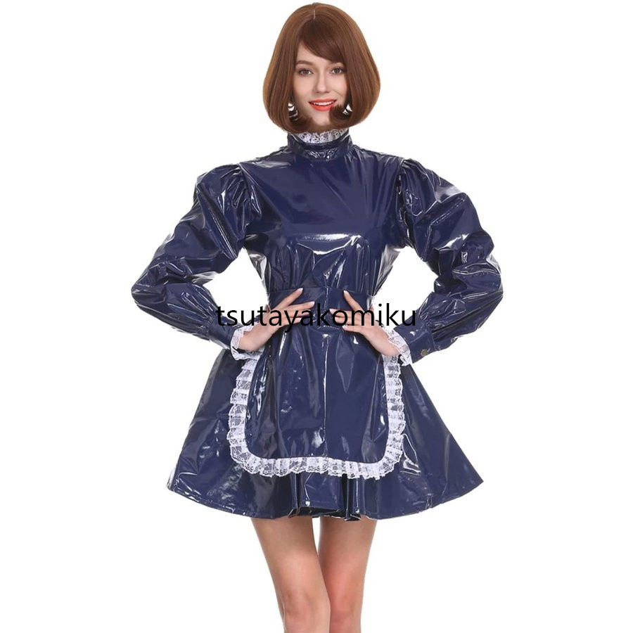 高品質 新作 めめしい メイド服 ロック濃い藍色 PVC ワンピース 高品質 新作 めめしい メイド服 ロック濃い藍色 PVC ワンピース
