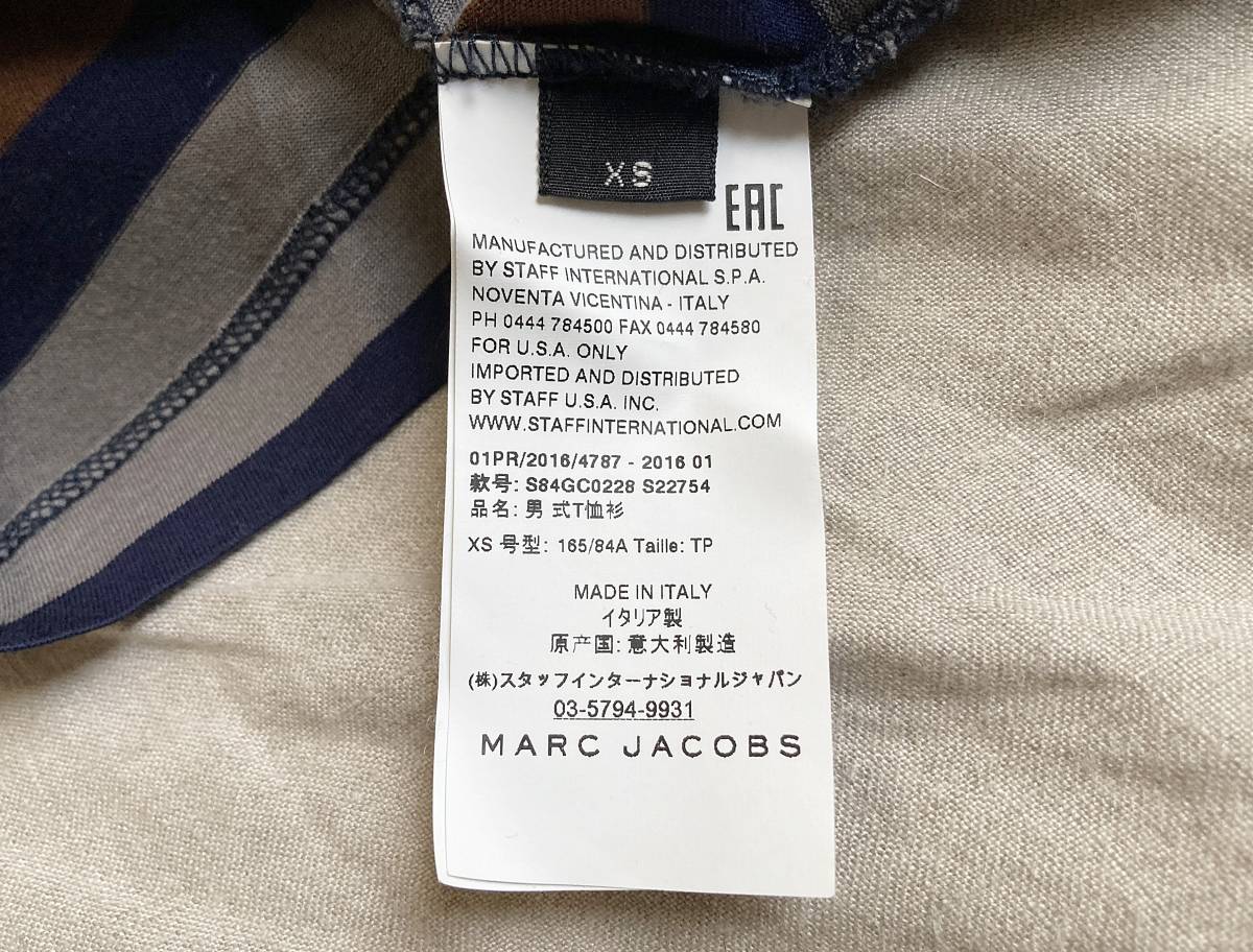 美品 16SS MARC JACOBS マーク ジェイコブス ボーダー柄 半袖 コットン カットソー Tシャツ XS 紺 ネイビーブラウン カーキ イタリア製 ◇4_画像6