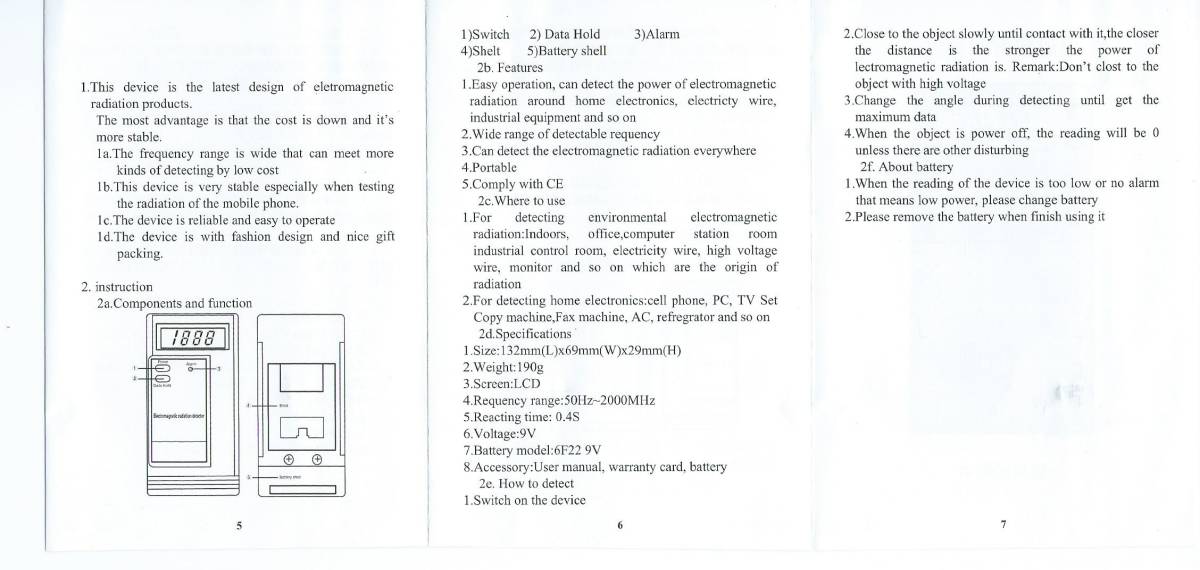 送安【日本語取説の電磁波測定器】磁気 電子 磁場 電気メーター計測器 電波 探知器 癌 磁力hrz静電気 放射 電化製品テレビ電子レンジ測定機_画像5