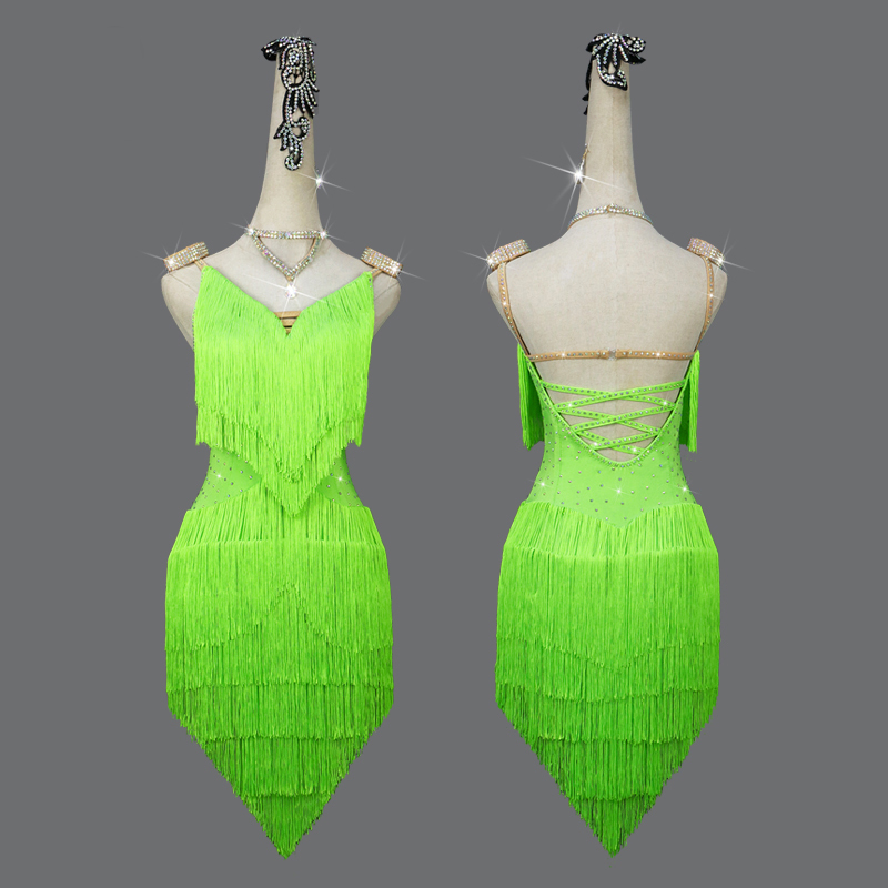 新品　レディース社交ダンス衣装　　お得のセット品　サイズ調整対応　サイズS～XXL　競技試合ダンスドレス　フリンジ飾り　緑