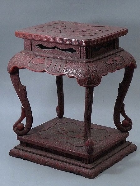 △16Z914△中国美術・堆朱細密彫高卓香炉台/花台/飾台・高さ約51cm