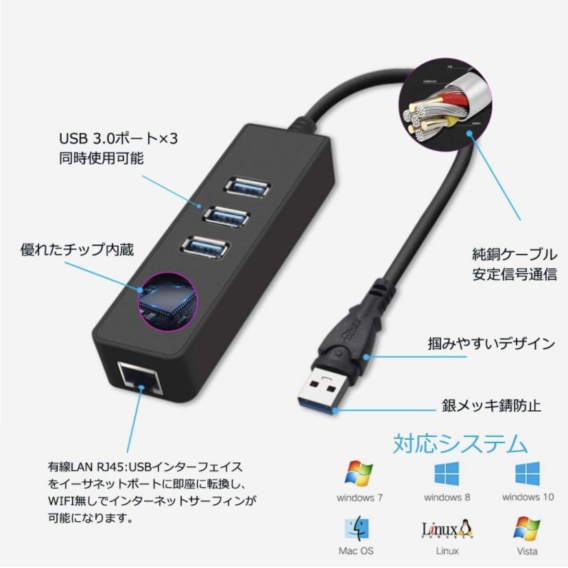 USB3.0ハブ lan ハブusbハブkocana 4ポートアダプター usb lan有線LAN付き RJ45 変換アダプタ usbアダプター 5Gbps高速USB拡張 Hub/MAC