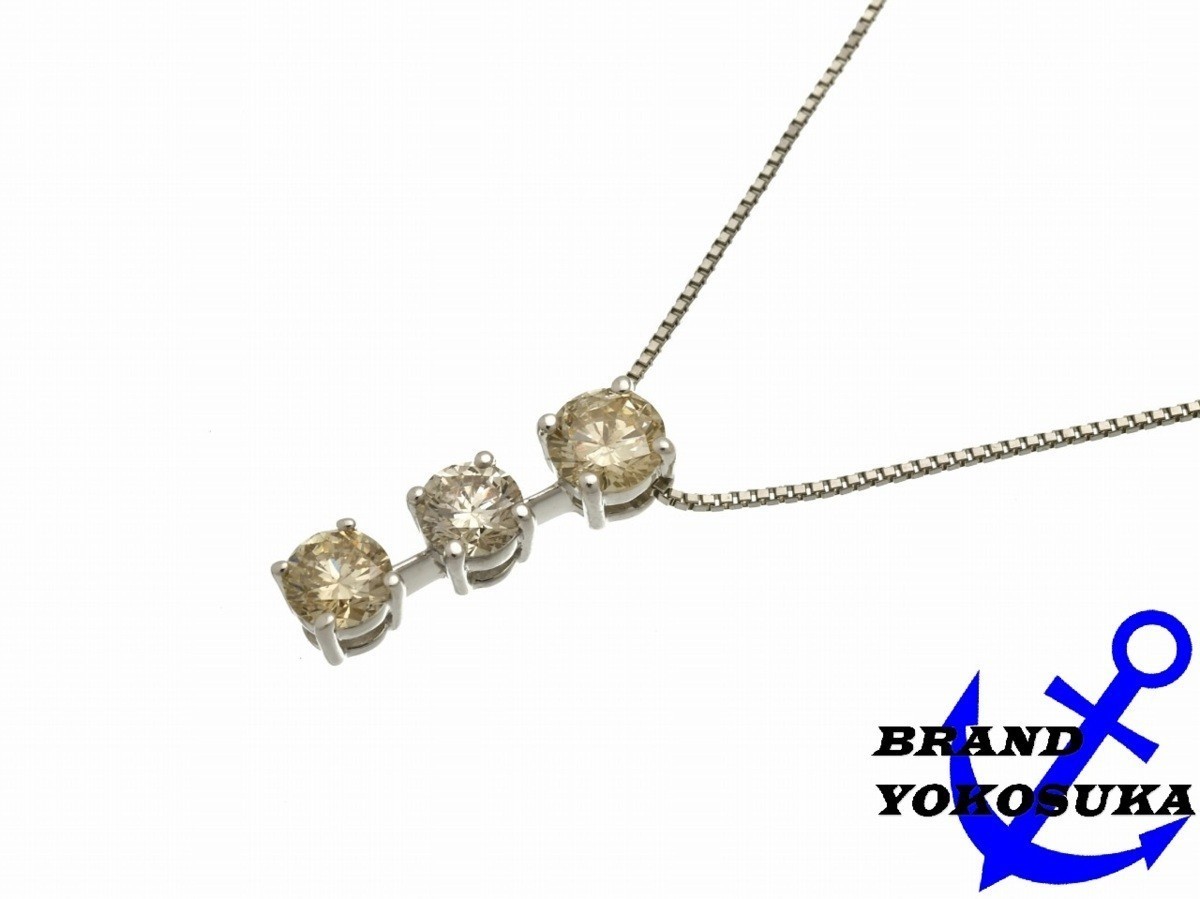 827 Pt900 D1.00ct Pt850チェーン 3連ダイヤ ネックレス プラチナ