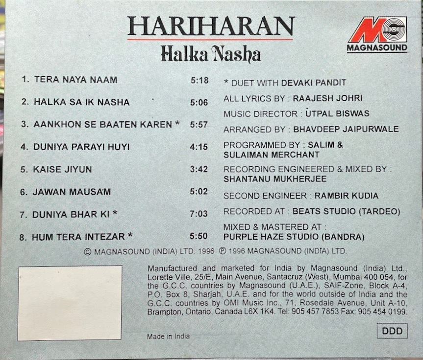 (C15H)☆ヒンディーポップスレア盤/ハリハラン/Hariharan/Halka Nasha☆_画像2