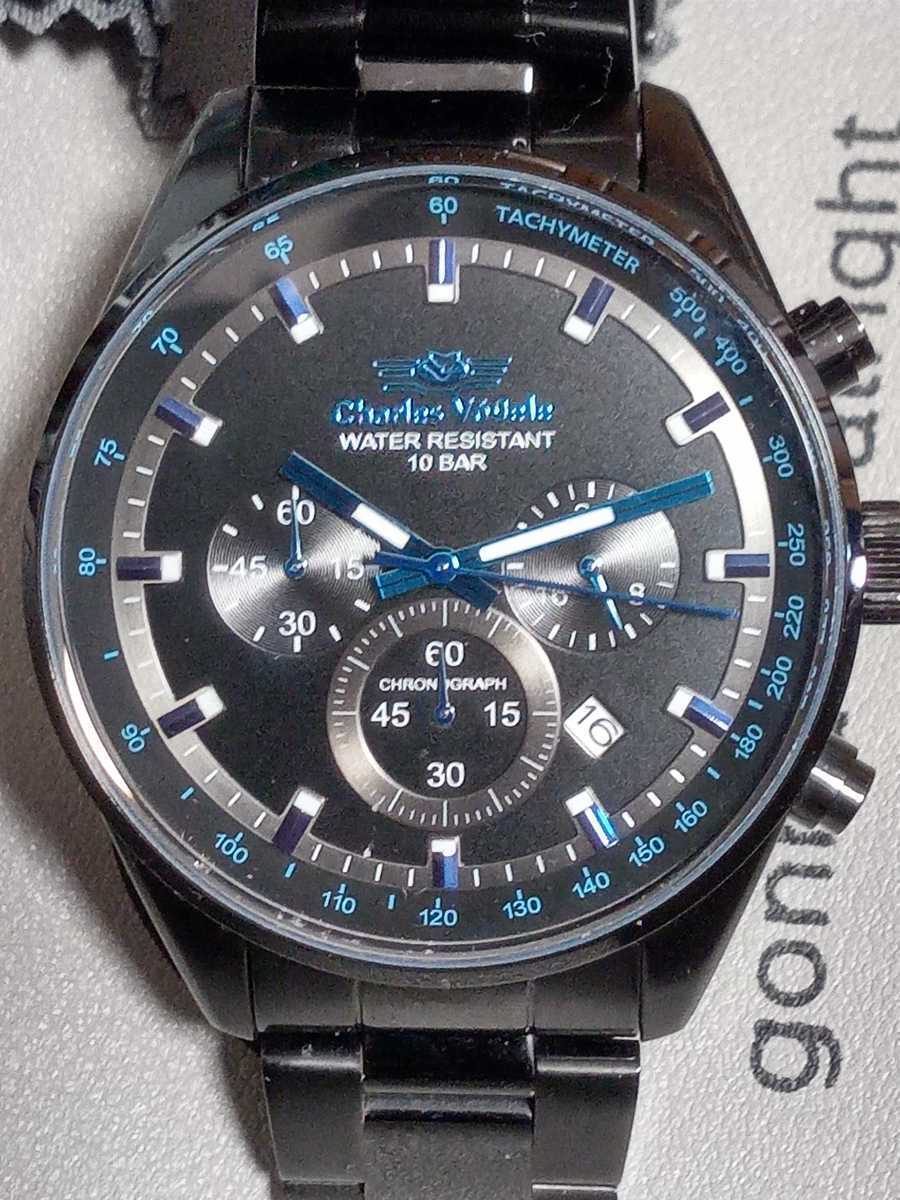 PayPayフリマ｜Charls Vogele 腕時計 CV-9043 シャルルホーゲル クロノグラフ 稼働中 ブラックxブルー