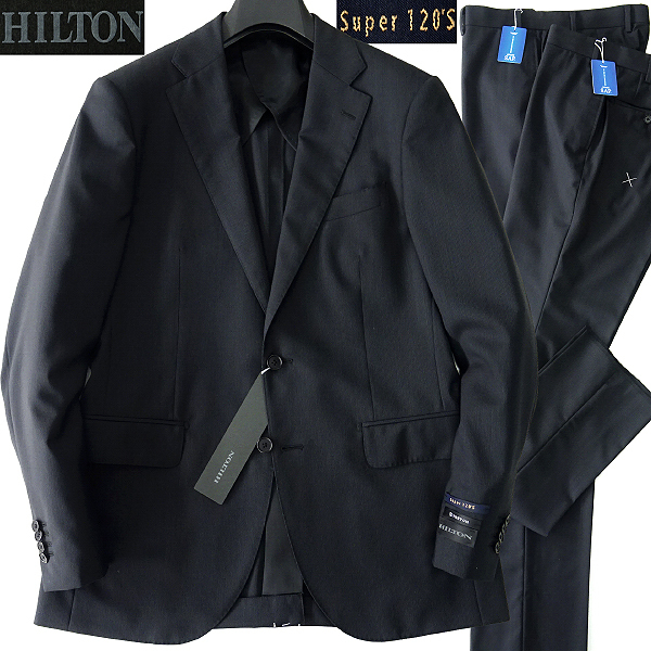 新品 ヒルトン 春夏 Super120'S ウール ストライプ柄 2パンツ スーツ A6(L) 黒 【J42377】 HILTON セットアップ ストレッチ スラックス