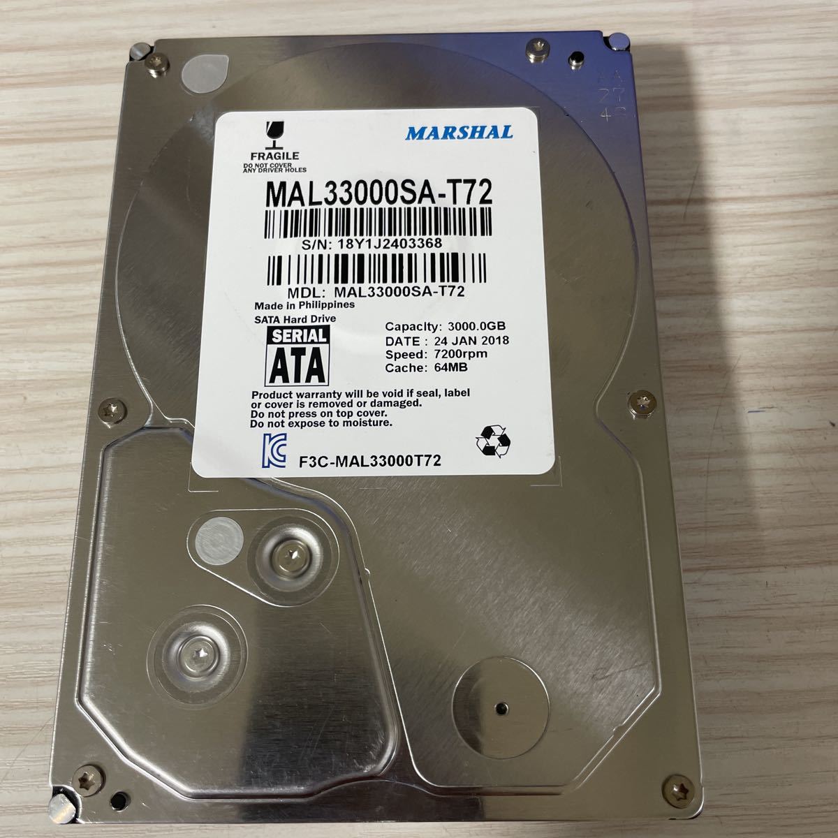 Z401:(動作保証/使用81時間/AVコマンド対応可能)MARSHAL Generic S300 Hard drive 3TB HDD 3.5インチ　MAL33000SA-T72 SATA/600 7200RPM_画像1