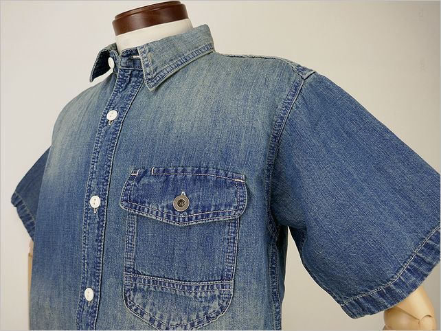 【送料無料 42%OFF】HOUSTON ヒューストン 麻混デニム　WORKシャツ NO.40841 VINTAGE WASH_Lサイズ_画像2