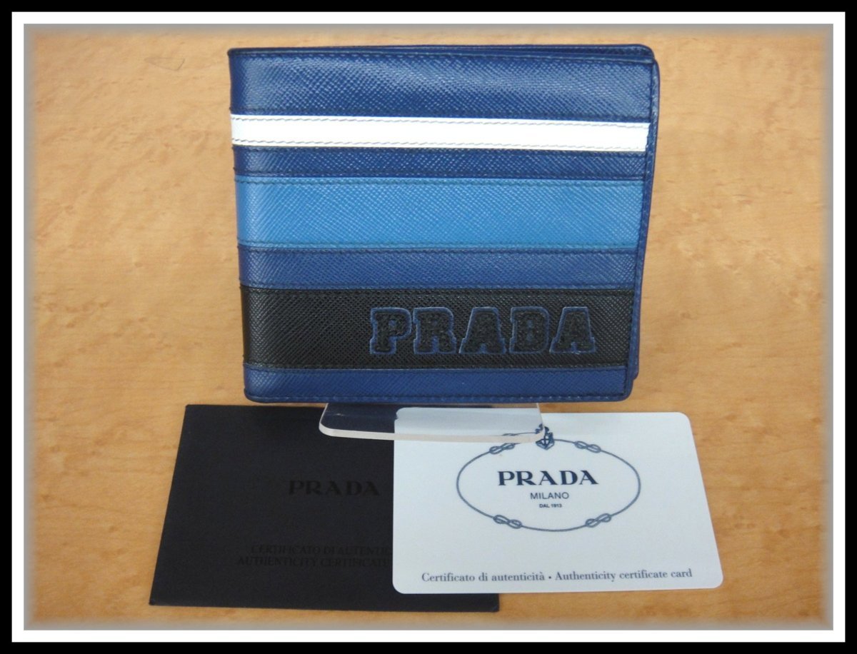 9381T 【本物保証】 PRADA プラダ 二つ折り財布 レザー ブルー系カラー ロゴパッチ ストライプ ボーダー_画像1
