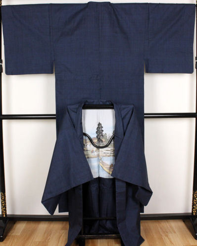 [ free shipping ] Ooshima pongee ensemble silk navy blue 120 turtle .L size MY2853[ beautiful goods ] man Japanese clothes gentleman for silk all season Father's day gift 2022