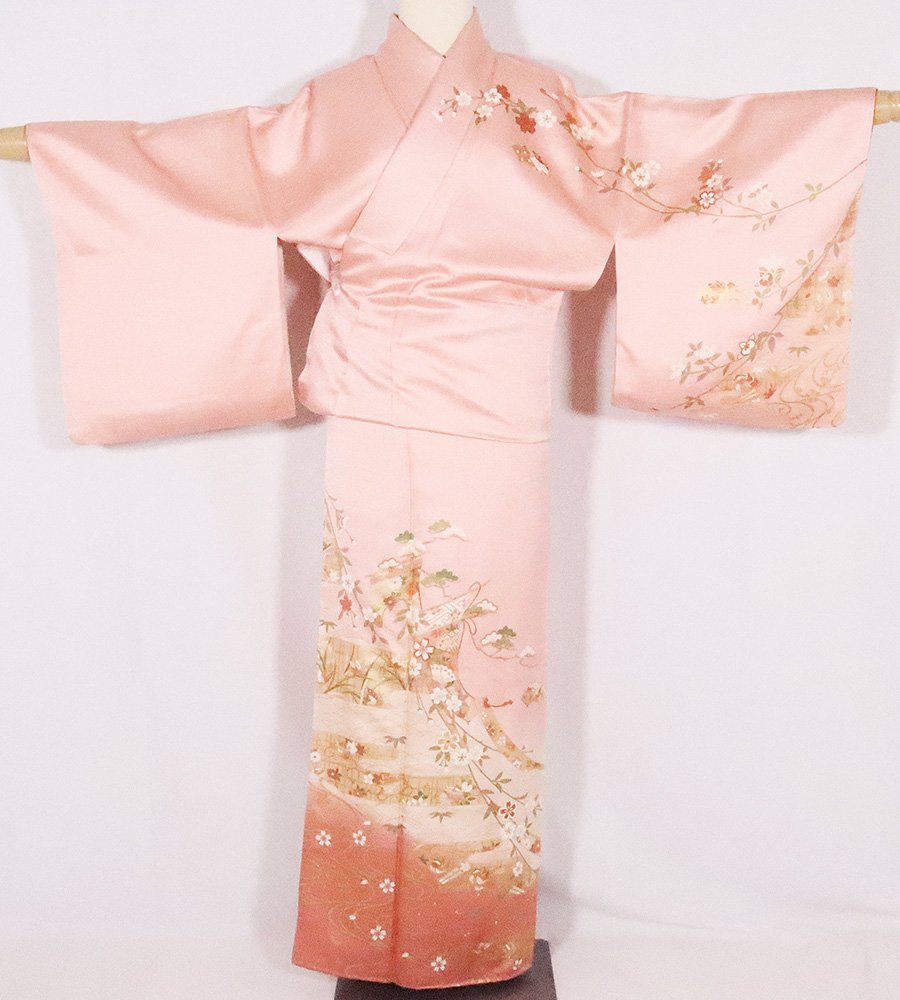 登場! 訪問着 袷 正絹 薄赤紫暈し 桜 松竹梅 オシドリ 宝尽くし 几帳文