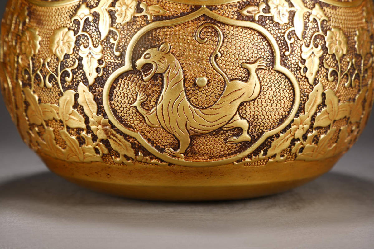 最安値】【徳】旧家蔵出『明 古銅塗金製造 四獣紋鉢式炉 宣徳三年監督 