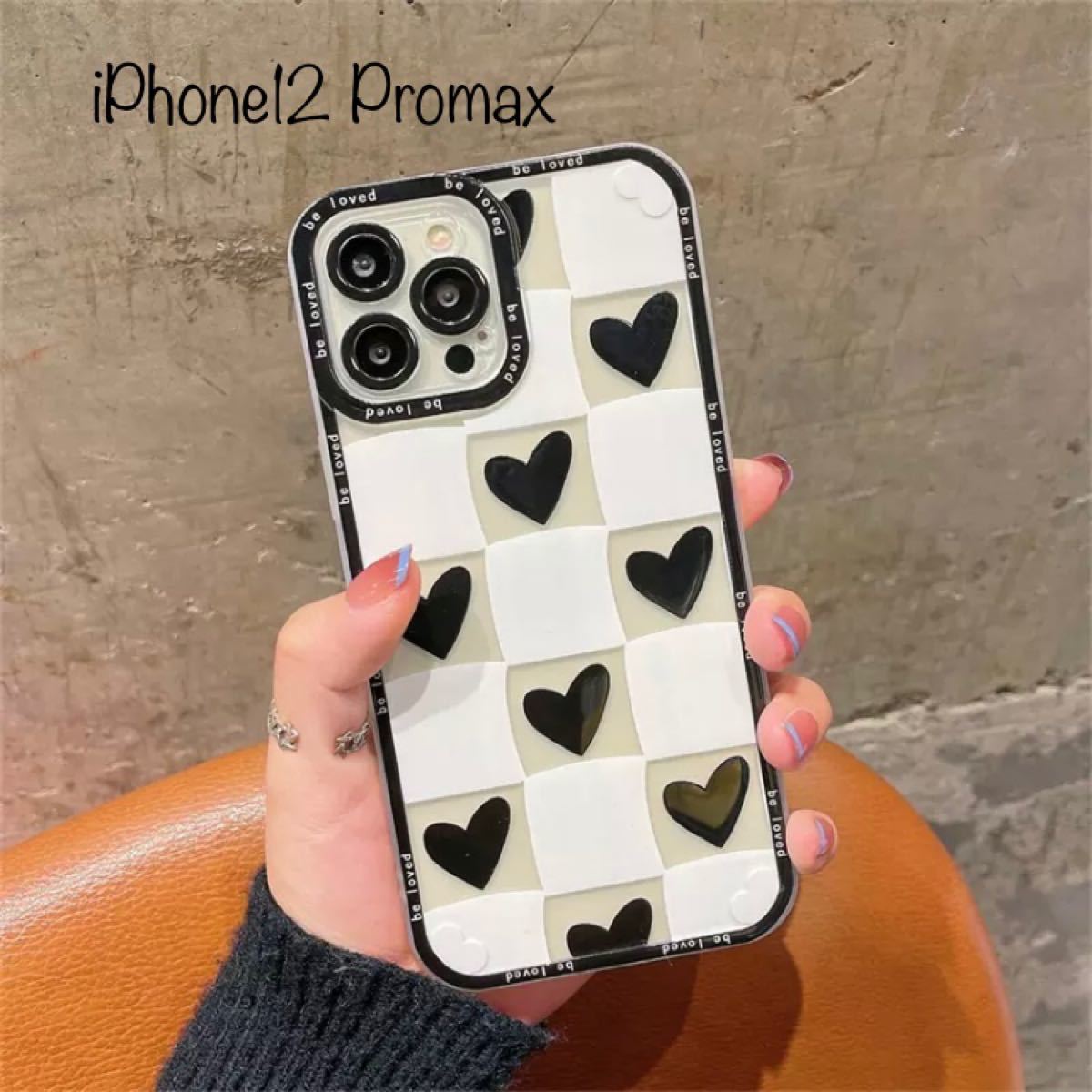 iPhoneケース ハート柄 iPhone12promax 白黒 モノトーン(黒 iPhoneケース ハート柄 iPhone12promax 白黒 モノトーン(黒