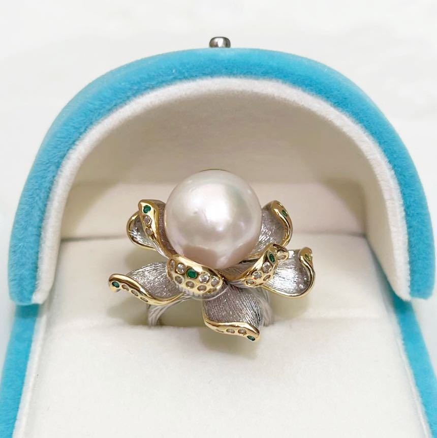 【限定価格セール！】 高級天然真珠15mm特大パールリング18k仕上げイタリア製 白蝶（しろちょう）真珠