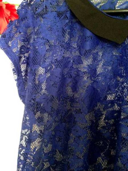 GU GU * королевский синий крюк плетеный прозрачный блуза рубашка *L