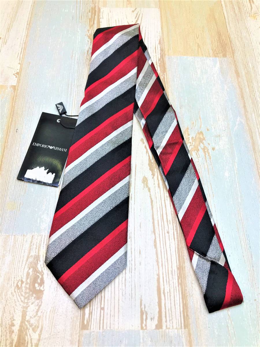  new goods *EMPORIO ARMANI Emporio Armani * necktie silver red black stripe series * Italy made silk made 