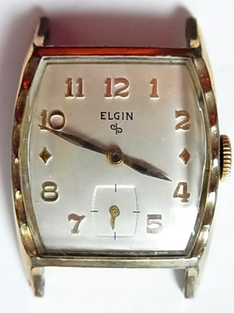 ELGIN Elgin wristwatch 10K gold trim hand winding 2 hands smoseko square shape rek tongue gyula- antique Vintage man men's woman lady's 