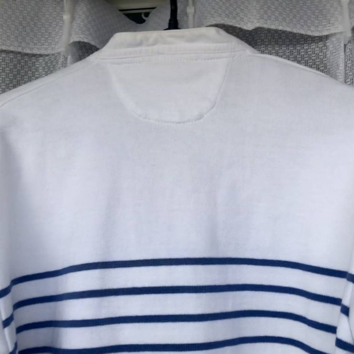 左袖アンカー刺繍 BARBARIAN/長袖ラガーシャツ M 白×青 ボーダー