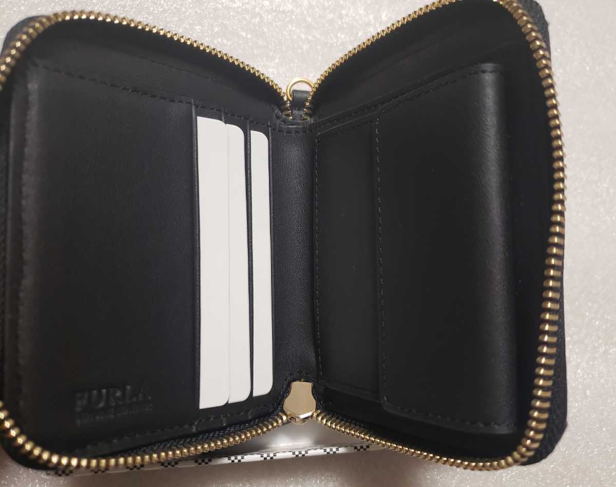  unused Furla FURLA leather folding twice purse black black quilting wallet storage sack * cosmetics box attaching MAGIA S ZIPAROUND 0993355 ONYX