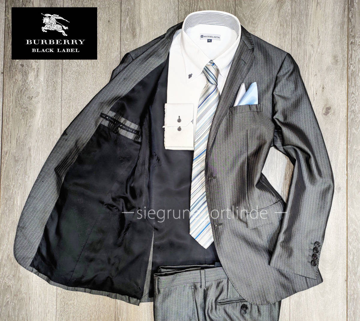 【美品】バーバリー ブラックレーベル 光沢グレーストライプ スーツ 92-78-170 38R相当 (Mサイズ) BURBERRY BLACK LABEL