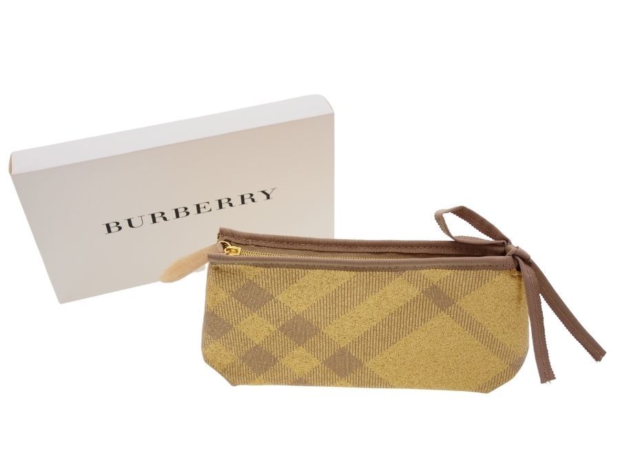 [Used unused ] Burberry Burberry BEAUTY cosme pouch inset equipped Burberry check metallic Gold lame entering ribbon attaching original box equipped 