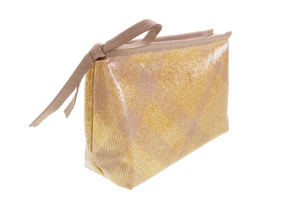 [Used unused ] Burberry Burberry BEAUTY cosme pouch inset equipped Burberry check metallic Gold lame entering ribbon attaching original box equipped 