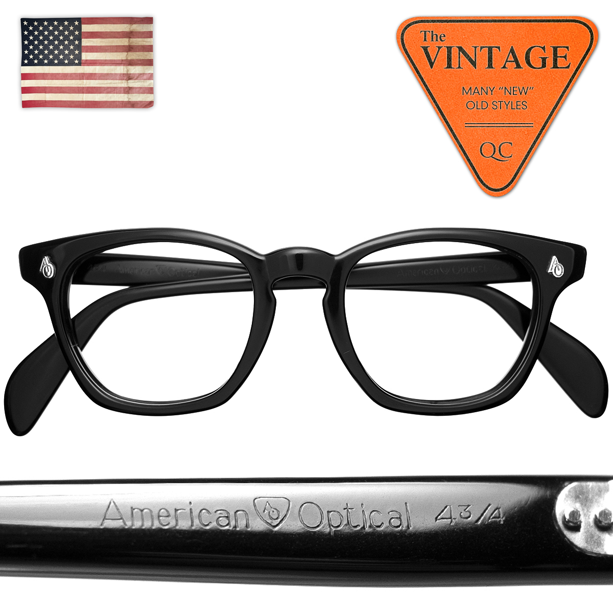 極美品デッド同等! USA ヴィンテージ 眼鏡 50's American Optical 46サイズ ブラック黒 ウェリントン アメリカンオプティカル アンティーク_画像1