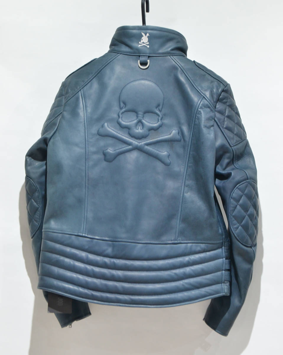 新品同様 12AW mastermind JAPAN × NEIGHBORHOOD ネイバーフッド THUNDER BOLT サンダーボルト レザー ライダース ジャケット 紺 Y-308727_画像2