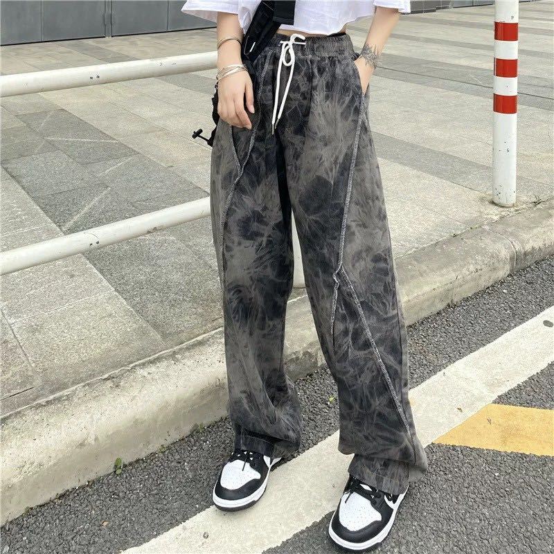  XL メンズ パンツ ワイドパンツ 総柄 薄手 ブラック 白黒