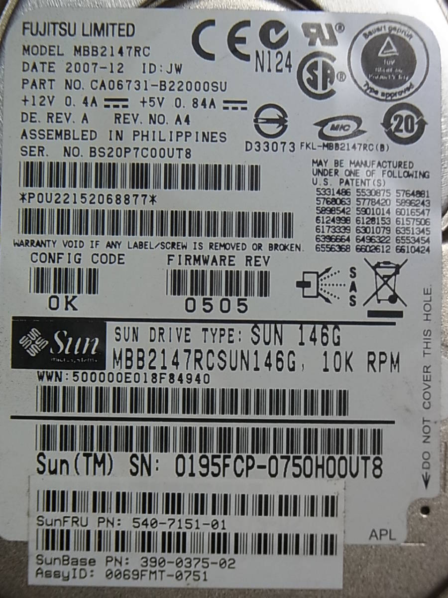 #Sun/Oracle mounter attaching /M3000 MBB2147RCSUN146G SAS 146G 10K HDD/4 pcs equipped (SH600)