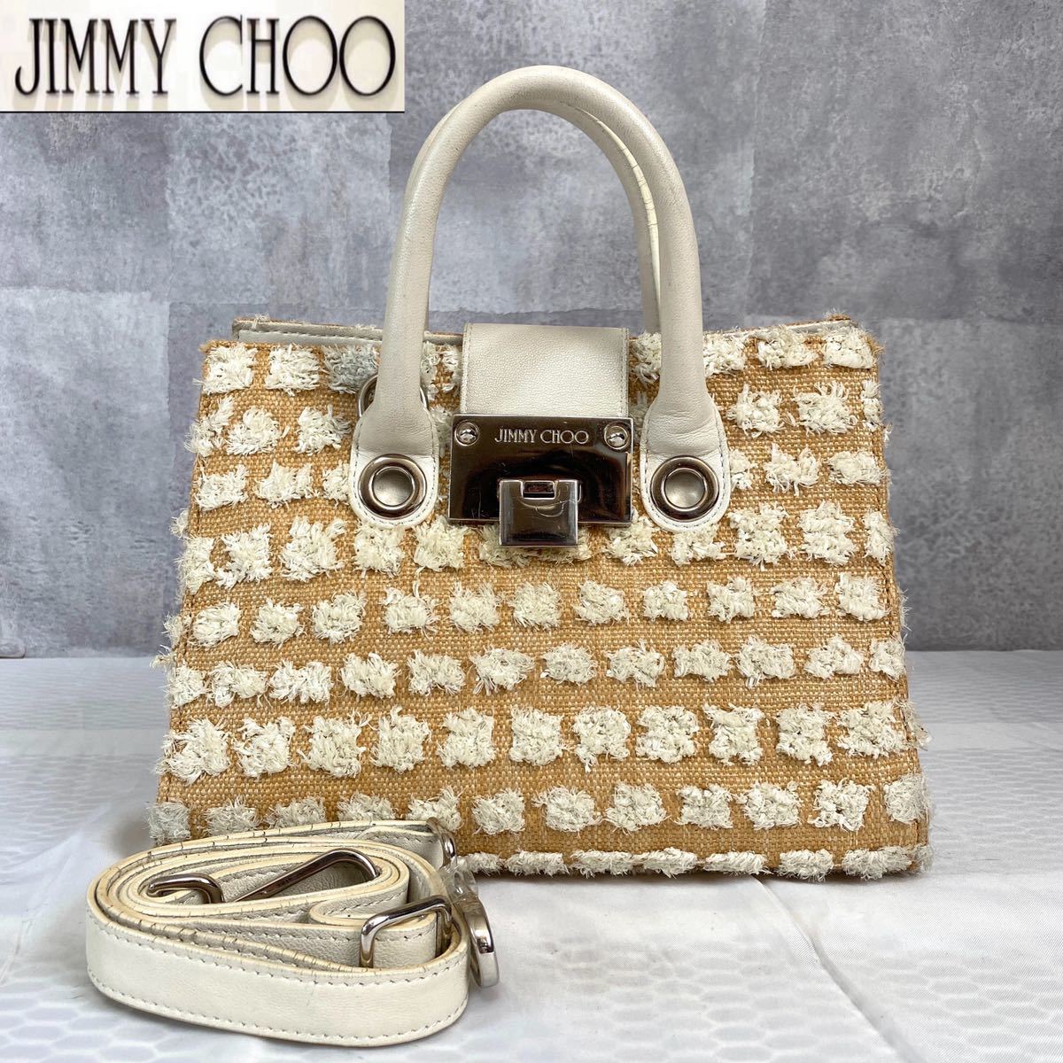 Jimmy Choo ジミーチュウ ハンドバッグ トートバッグ ショルダーバッグ ライリー 2way 肩掛け レザー×ストロー ベージュ 白 ホワイト_画像1