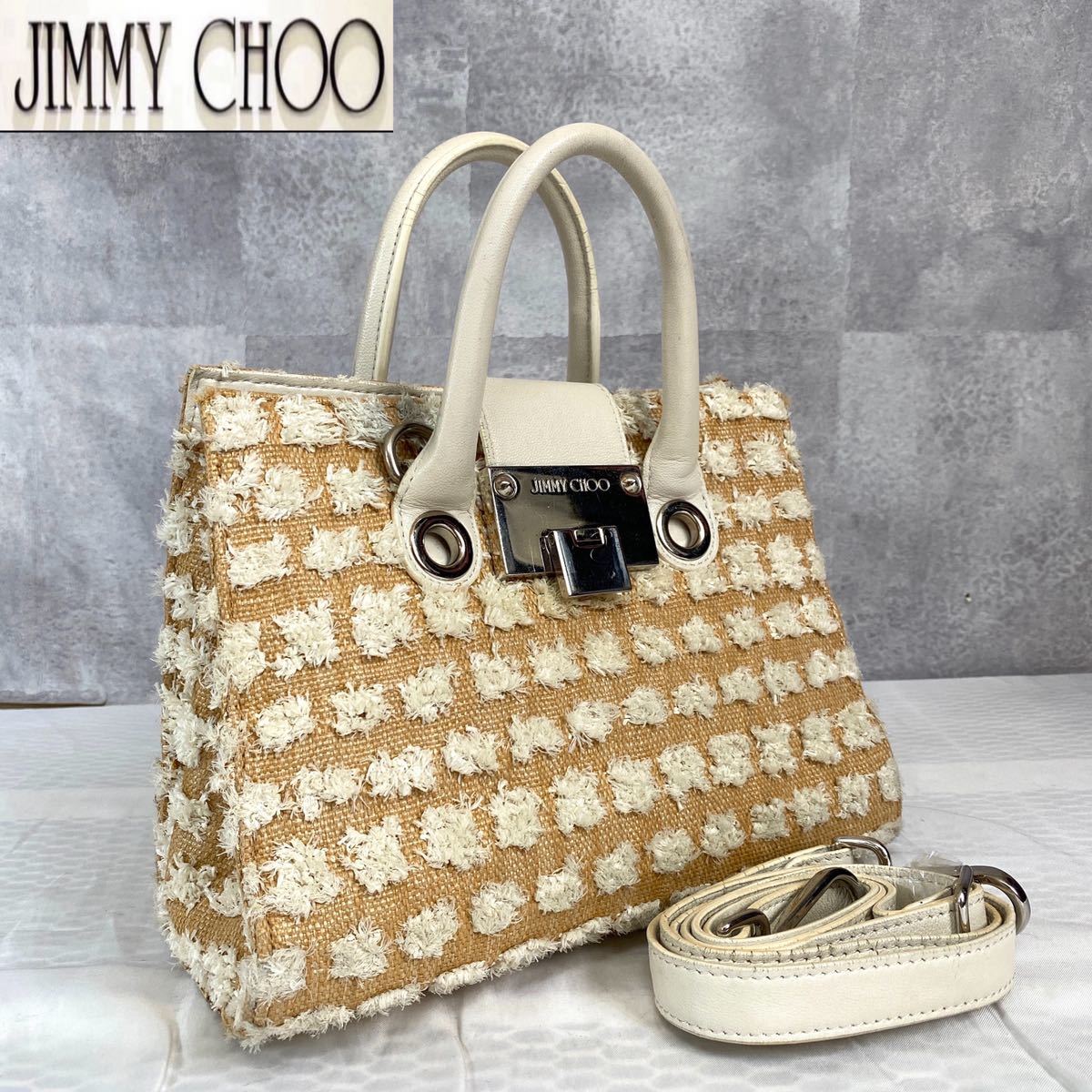 Jimmy Choo ジミーチュウ ハンドバッグ トートバッグ ショルダーバッグ ライリー 2way 肩掛け レザー×ストロー ベージュ 白 ホワイト_画像4