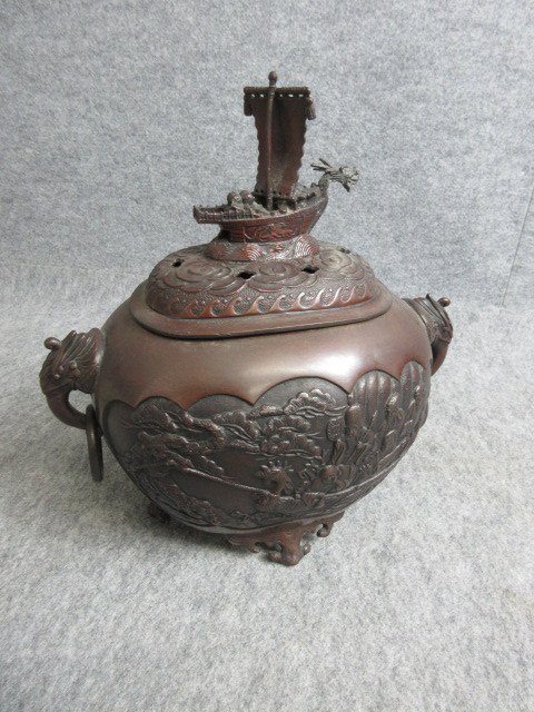 古銅 香炉 宝船 七福神図 [B30518] 銅製 高さ29cm 縦17cm 横28cm 仏教 仏具 香道具 古玩 古美術_画像6