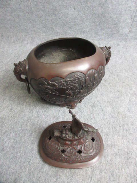 古銅 香炉 宝船 七福神図 [B30518] 銅製 高さ29cm 縦17cm 横28cm 仏教 仏具 香道具 古玩 古美術_画像3