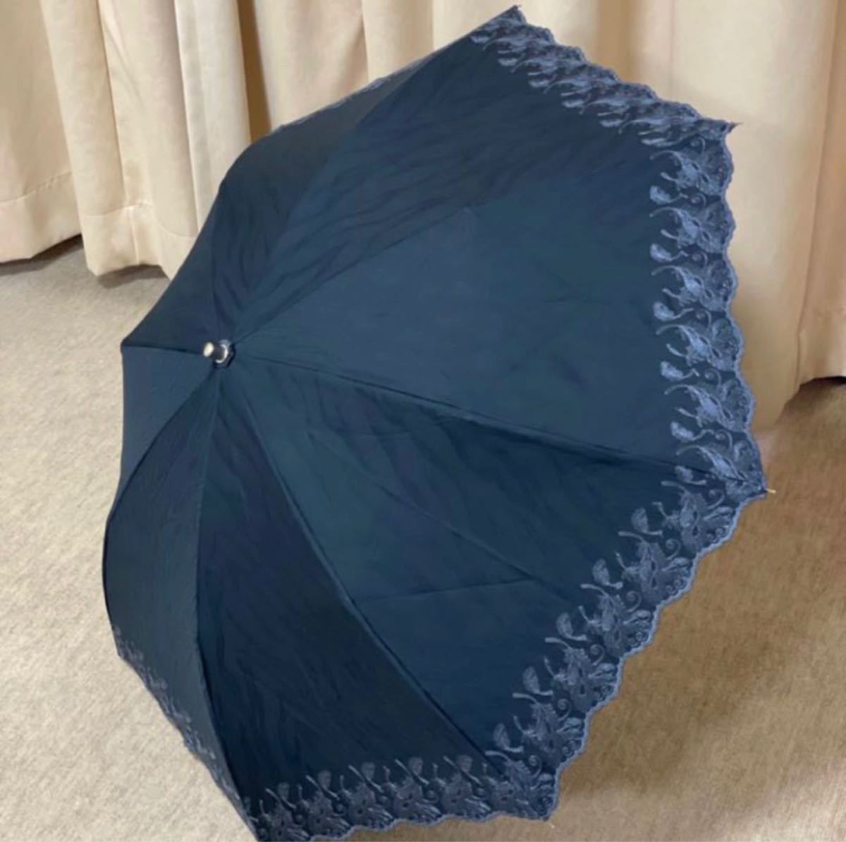 ほぼ新品WAKO銀座和光 刺繍 晴雨兼用折りたたみ日傘 ネイビー 紺 刺繍
