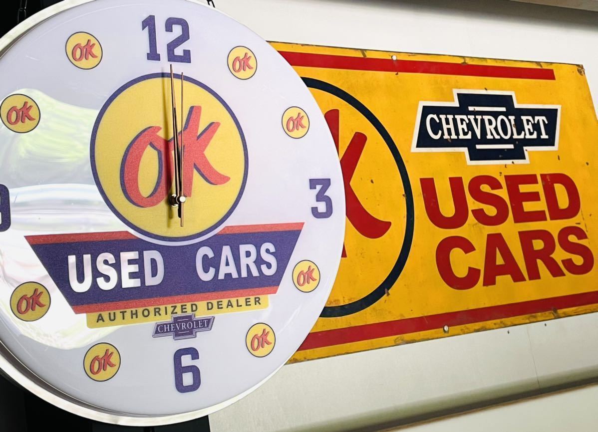 シボレー OK USED CAR 時計 看板 アメ車 ローライダー インパラ 雑貨 ガレージ ホットロッド ハーレー ベルエア USDM 北米 世田谷 ハイドロ